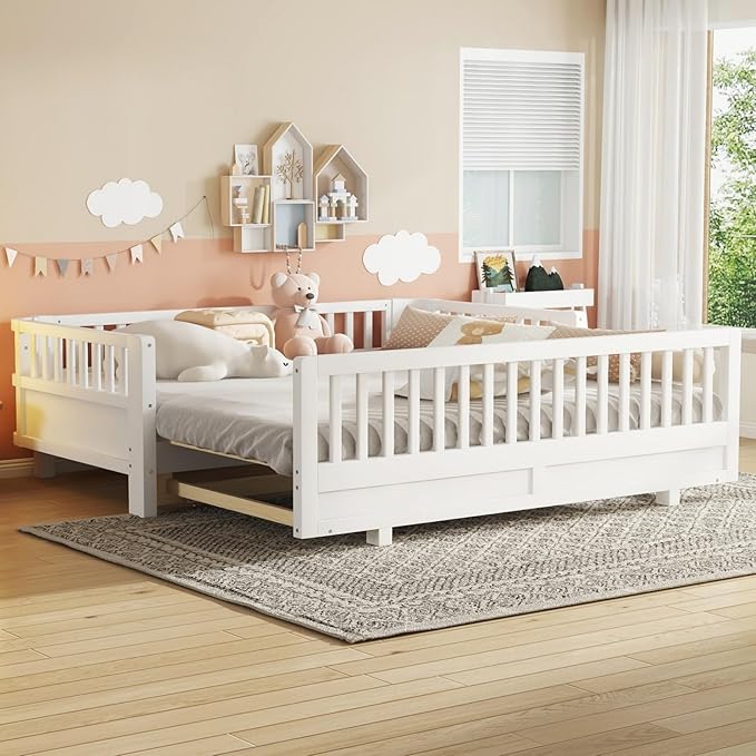 KEIKI Solid Wood Expandable Twin Size Floor Bed for Kids with Guardrails, Can Be Converted into a Double Twin Bed Platform, Montessori Low Profile Bedframe Daybed for Girls Boys, No Box Spring Needed