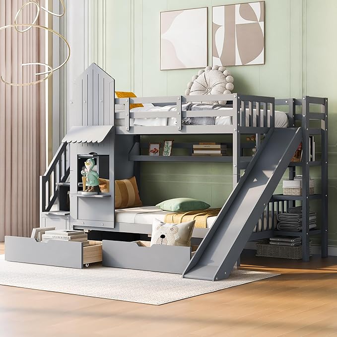 Twin-Over-Twin Castle Style Bunk Bed with 2 Drawers and 3 Shelves, Wood Bunk Bed Frame with Slide and Storage Staircase for Kids Teens Boys Girls, Maximize Space Savings