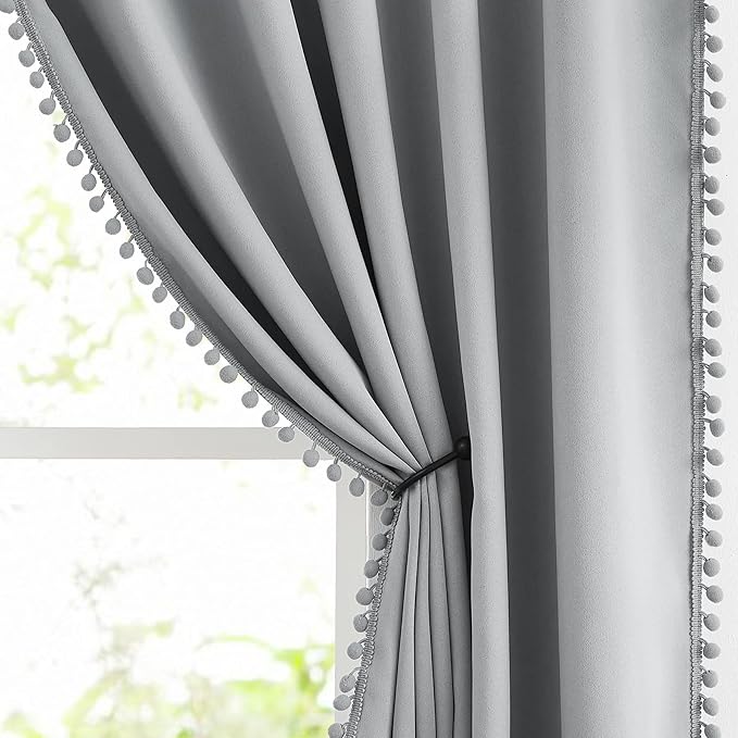 Treatmentex Pom Pom Grey Curtains for Bedroom Windows 90 inch Energy Efficient Thermal Insulated Living Room Darkening Curtain Panels Drapes Nursery Room Children 52" w x2 Panels Rod Pocket