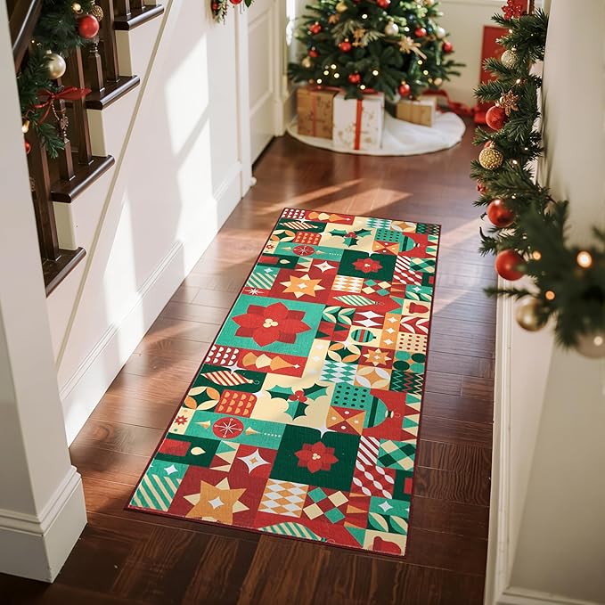 jinchan Christmas Runner Rug 2x5 for Entryway Washable Christmas Kitchen Rug Xmas Geometric Floor Mat for Hallway Non-Slip Soft Carpet Festive Red-Green Holiday Patch Decor for Bathroom Porch Bedside