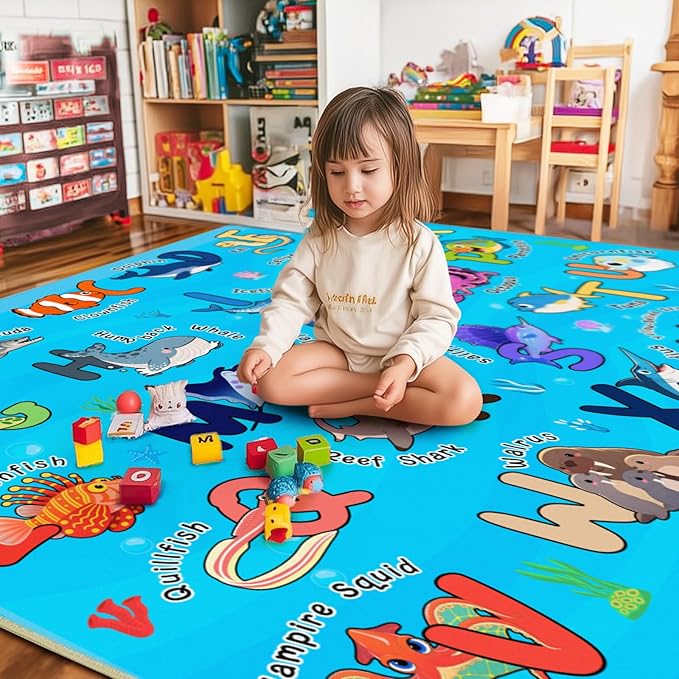Kids Rugs for Playroom, 7x9 Feet Educational Rug for Learn The ABC Alphabet, Soft Machine Washable Non-Slip Cute Marine Organisms Carpet for Classroom Toddler Nursery Kids Room Decor, Blue