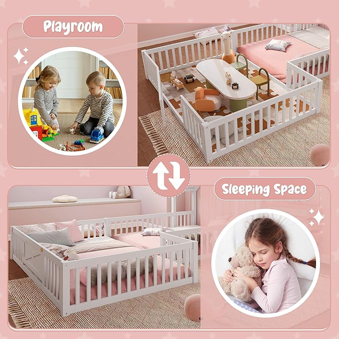 Harper & Bright Designs Full Size House Shaped Double Floor Bed with Door and Full-Length Guardrails, Solid Wood Kids Montessori Floor Bed for Girls Boys, Multi-Function, White