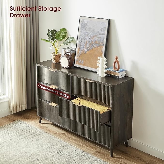 Evermagin 55" Wide Fluted 6 Drawer Dresser, Mid Century Modern Curved Dresser, Light Wood Chest of Drawers for Bedroom, Living Room and Entryway, Dark Grey