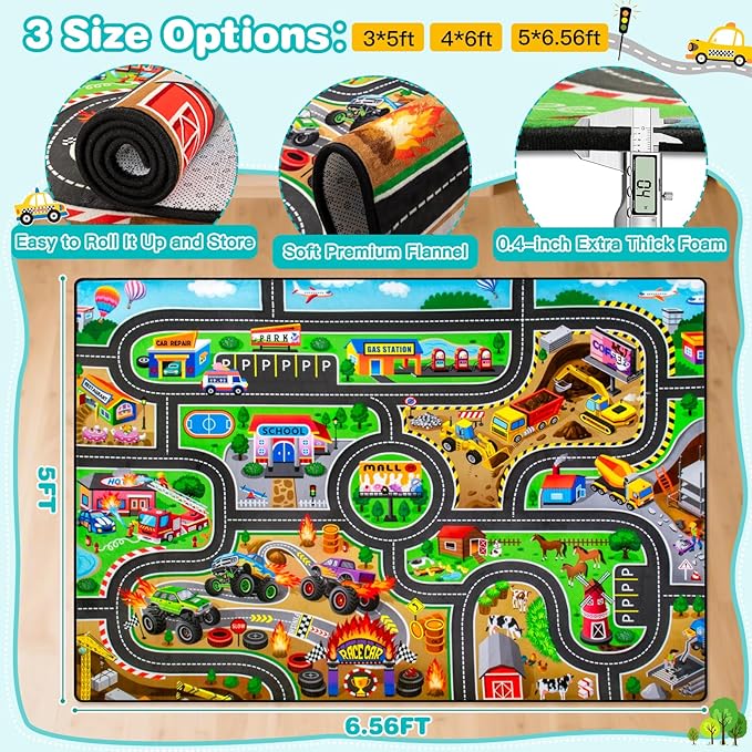 Kids Rug, 5x7 FT Non-Slip Monster Truck Play Rug, Extra Thick (0.4in), Educational LearningTraffic Road Car Carpet for Nursery, Classroom, Playroom & Bedroom