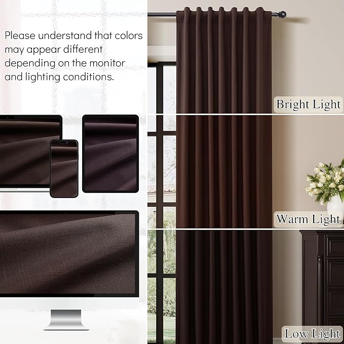 Guken Coffee Linen 100% Blackout Curtains for Living Room 84 Inch Length 2 Panels Set Textured Elegant Black Out Thermal Insulated Soundproof Back Tab Hook Belt Bedroom Cafe Backdrop Drapes 52x84 7Ft