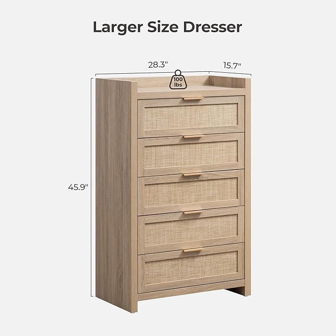 SICOTAS Dresser for Bedroom Chest of Drawers 46" Tall Dresser for Closet with 5 Rattan Drawers Boho Nightstands Set of 2 Large Clothes Storage Cabinet TV Stand for Living Room Hallway Nursery Entryway