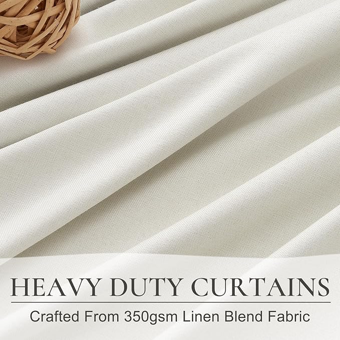 Beige White Linen Curtains 90 Inches Long 2 Panels Set, Modern Neutral Nursery Blackout Curtains for Kids Bedroom Thermal Drapes for Summer Heat Noise Reducing Hook Belt&Back Tab(W50 x L90)