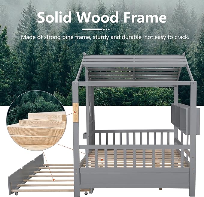 Full Size Bed Frames for Kids, House Bed with Trundle and Shelves, Wood Playhouse Platform Bed Frame with Window and Fence for Boys Girls, Gray, 74.4" L x 58" W x 72" H
