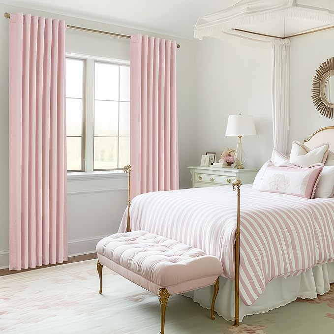 Cute Baby Pink Blackout Curtains 92 Inches Long for Girls Bedroom 2 Panels Set, Textured Linen Pleated Room Darkening Curtain Privacy Thermal Heavy Window Drape for Nursery with Rod Pocket 50"W x 92"L