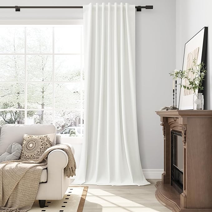 Guken Ivory Linen 100% Blackout Cream Curtains 96 Inches Long 2 Panels Set Textured Neutral Farmhouse Light Blocking Soundproof Thermal Insulated Back Tab Curtains for Bedroom Nursery 52x96 8Ft