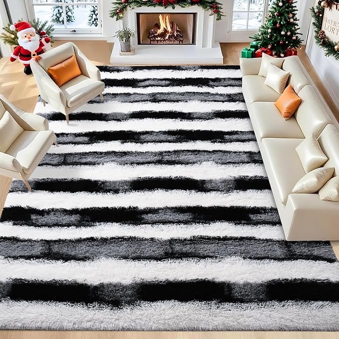 4x6 Feet Area Rugs for Living Room Bedroom,Black and White Machine Washable Soft Fluffy Shaggy Indoor Rug, Floor Carpet for Girls Boys Kids, Dorms, Nursery Rooms, Home Decor Aesthetic
