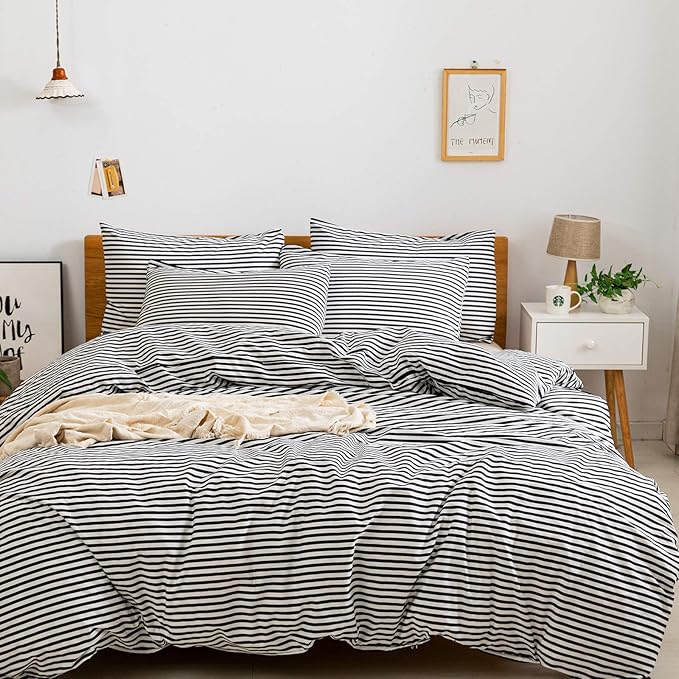 JELLYMONI 100% Natural Cotton 3pcs Striped Duvet Cover Sets,White Duvet Cover with Black Stripes Pattern Printed Comforter Cover,with Zipper Closure & Corner Ties(Full Size)
