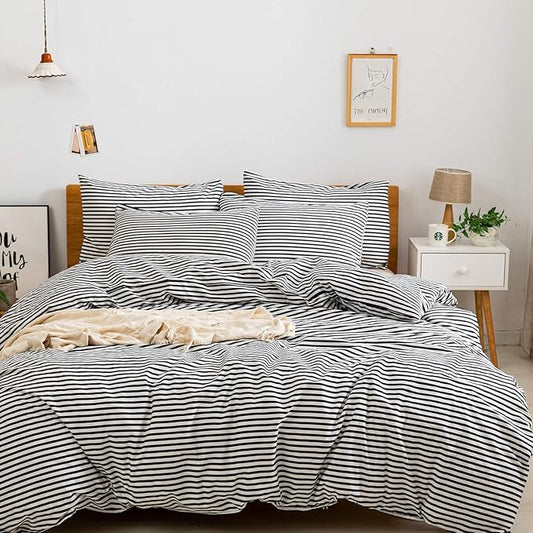 JELLYMONI 100% Natural Cotton 2pcs Striped Duvet Cover Sets,White Duvet Cover with Black Stripes Pattern Printed Comforter Cover,with Zipper Closure & Corner Ties(Twin Size)
