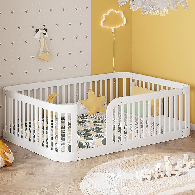 Full Size Floor Bed with High Rails, Montessori beds for Kids Solid Wood Bed Frame, White