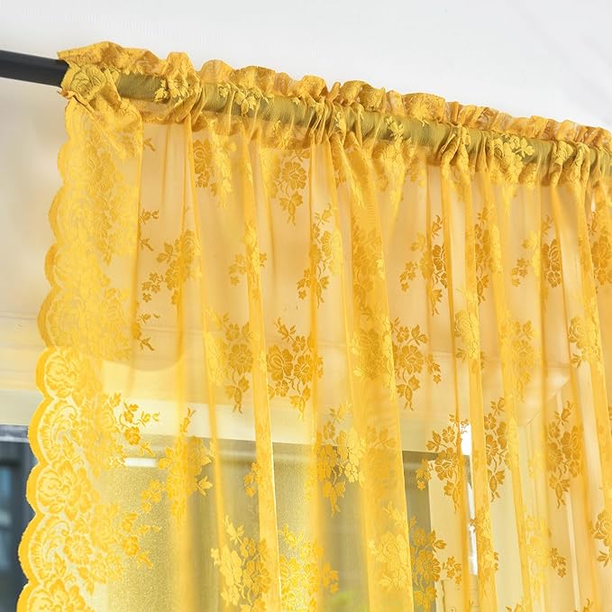 Kotile Mustard Yellow Sheer Curtains 90 Inches Long, Country Rustic Floral Retro Gold Lace Curtains for Living Room Bedroom, Rod Pocket Light Filtering Privacy Boho Window Curtain Drapes, 52 x 90 Inch