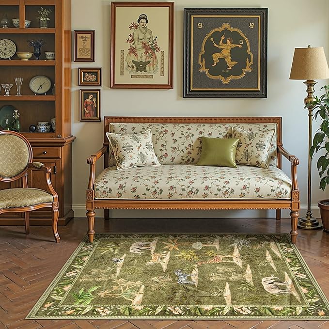 jinchan 3x5 Green Jungle Rug Washable Throw Entryway Rug Animals Print Kitchen Mat Indoor Ultra-Thin Low-Pile Non-Slip Soft Botanical Accent Christmas Carpet for Bedroom Laundry Room (3'x5', Green)