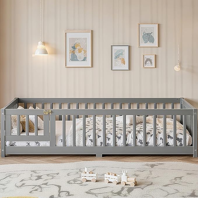 Bellemave Montessori Twin Floor Bed Frame with Fence and Removable Door, Low Profile Twin Size Montessori Bed Frame for Kids, Solid Wooden Floor Beds for Bedroom,Nursery, Grey