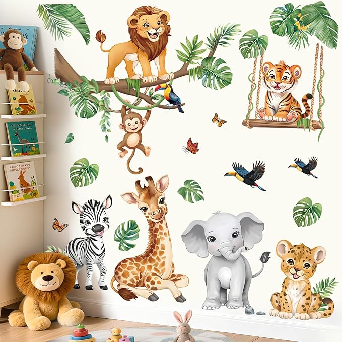 decalmile Safari Animals Wall Stickers Jungle Tree Branch Tropical Leaves Elephant Lion Wall Decals Baby Nursery Kids Bedroom Playroom Home Decor