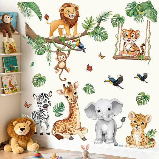 decalmile Safari Animals Wall Stickers Jungle Tree Branch Tropical Leaves Elephant Lion Wall Decals Baby Nursery Kids Bedroom Playroom Home Decor