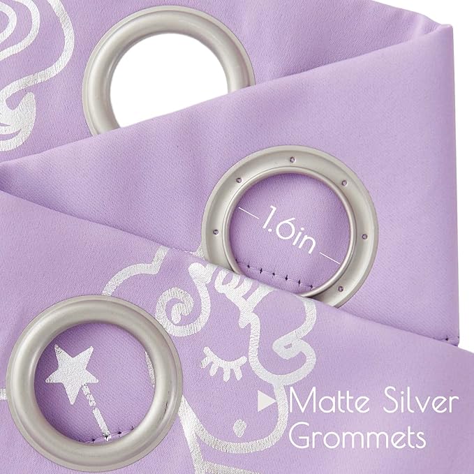 jinchan Purple Blackout Unicorn Curtains for Girls Kids Room Thermal Insulated Room Darkening Rainbow Curtains for Girls Bedroom Silver Foil Printed Grommet 84 Inches Long Purple Lilac 2 Panels