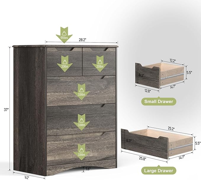 Gizoon 5 Drawers Chest, Dark Brown Dresser for Bedroom with Large Storage Capacity, Chest of Drawers with Embedded Handle, Sturdy Anti-Tripping Device for Hallway, Office, Living Room