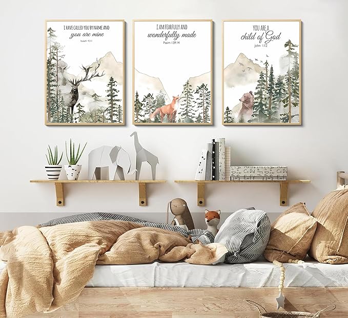 3pcs Forest Animals Bible Verse Wall Art Misty Forest Deer Bear Fox Paintings Canvas Prints Poster Inspirational Quotes Pictures Wall Decor for Home Bedroom Nursery Baby Room Playroom Decor Unframed