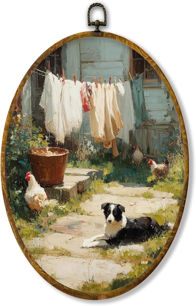 Hiuwevt Rustic Farmhouse Laundry Day Oval Wall Art Decor, Retro Country Dog Chicken Framed Canvas Prints, Farmhouse Oval Wall Hanging Decor for Home Laundry Room Bathroom Decorations, 8.6x11.4 Inches