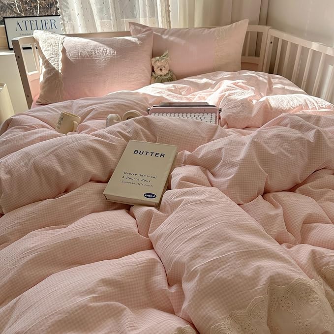 LifeTB Pink Gingham Duvet Cover Full Size 3 Pieces Romantic Lace Duvet Cover Pink Plaid Checkered Comforter Cover with 2 Pillowcases Soft Breathable Microfiber Grid Farmhouse Plaid Bedding Set