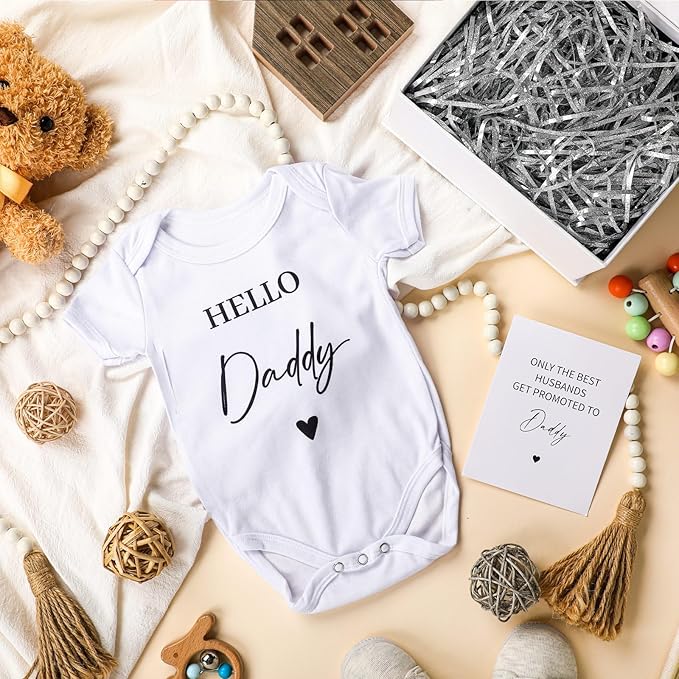 4 Pcs Pregnancy Announcement for Husband, Daddy Baby Bodysuit, Hello Daddy Pregnancy Reveal Card Baby Reveal Gift Box Baby Announcement Gifts Set for Husband Partner