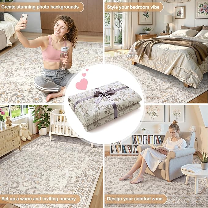 Wonnitar Washable Living Room Rugs, 8x10 Area Rugs for Room Decor, Beige Non Slip Ultra-Thin Soft Cozy Vintage Floral Distress Neutral Carpet for Bedroom Dining Room Farmhouse Playroom