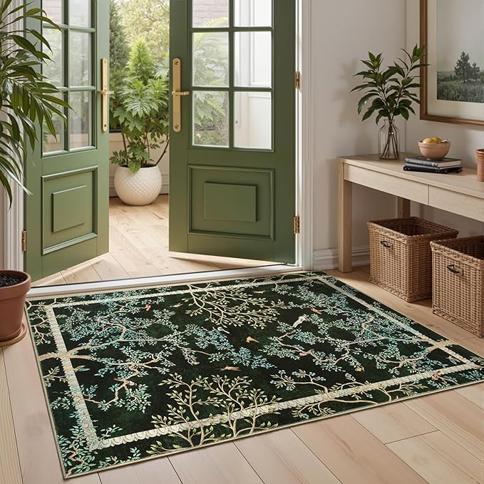 jinchan Yarden Botanical Birds 3x5 Moss Green Christmas Area Rugs for Entryway - Washable Non-Slip Soft Nature Plants Modern Kids Room Carpet,Vintage Low Pile Rug for Living Room Bathroom Front Door