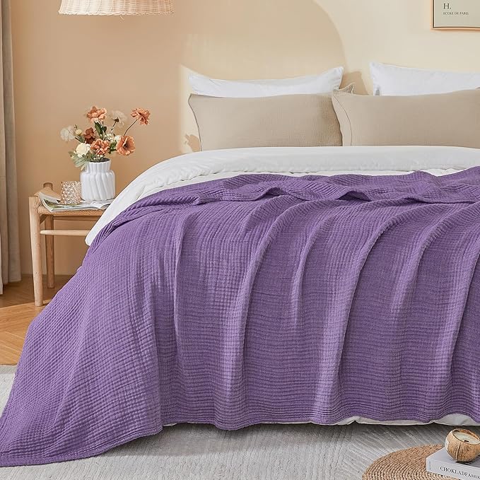 EMME Cotton Muslin Queen Blanket Bed Layering Breathable Gauze Blanket Soft Lightweight Blankets Adults (Purple, 90"x90")