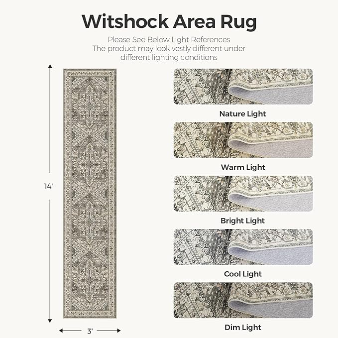 WITSHOCK Extra Long Runner Rug for Hallway 3x14: Washable Vintage Boho Soft Non-Slip Low Pile Stain Resistant Foldable Carpet for Bedroom Entryway, Distressed Farmhouse Floral Home Decor, Brown/Lvory