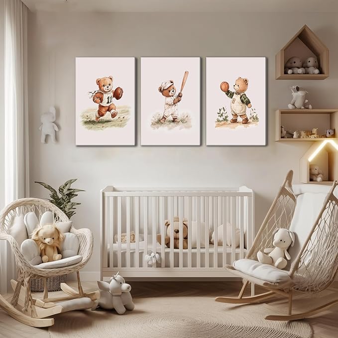 3Pcs Nursery Bear Canvas Wall Art Nursery Animal Poster Prints Teddy Bear Painting Boy Sports Picture Football Basketball Kids Room Artwork Wall Decor for Children Bedroom Playroom 12x16in Framed