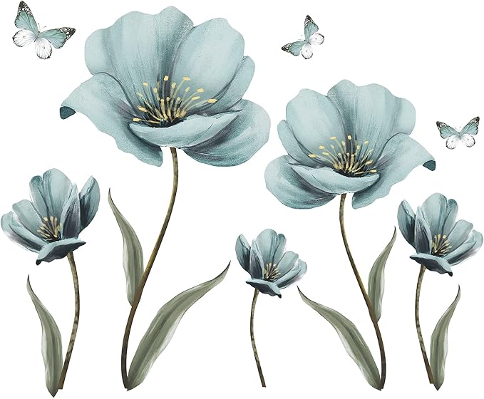 Dreamy Blue Flower Wall Stickers Creative Painted Butterflies Wall Decals Romantic Painting Art Decor Vinyl Removable Peel and Stick for Living Room Nursery Bedroom Office Bathroom Wall Decoration