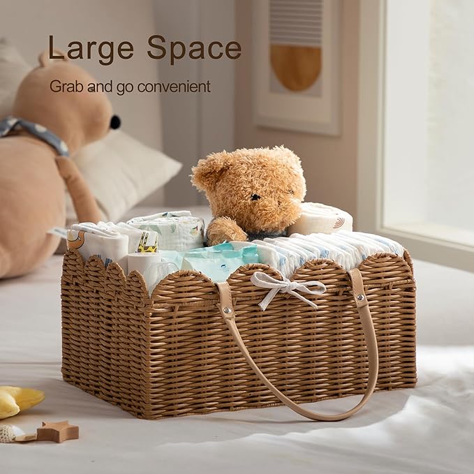 HBlife Baby Diaper Caddy Organizer, Washable Waterproof, Large Portable Scalloped Wicker Woven Basket with Divider, Nursery Diaper Station, Baby Shower Gifts Basket - Newborn Essentials, Car Organizer
