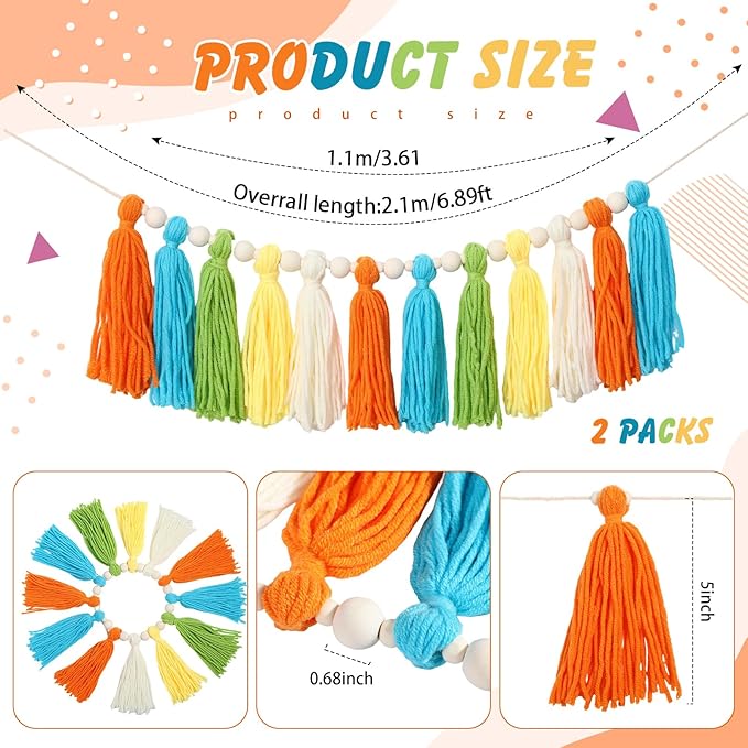 2 Pcs Tassel Garland with Wood Beads, Handmade Cotton Yarn Wall Hanging Banner Boho Tassel Wall Hanging Party Decor for Nursery, Birthday Baby Shower Home Classroom Decoration(Rainbow)