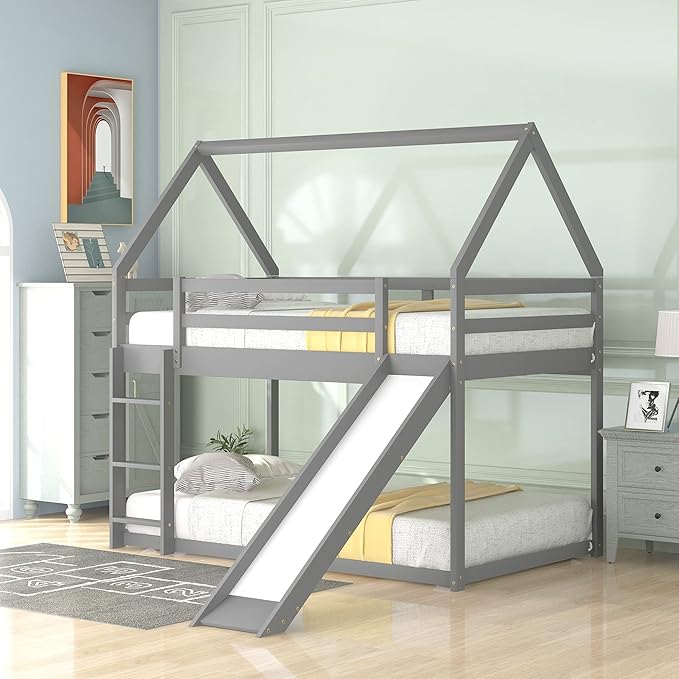 Twin Size Bunk House Bed with Slide and Ladder,can Switch Positions Left & Right,Bedroom Wood Loft Bed Frame W/No Box Spring Required,Easy to Assemble,for Kids Teens Girls Boys,Gray