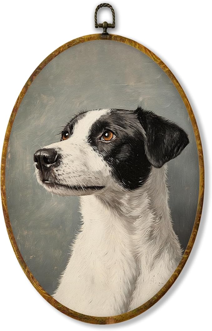Hiuwevt Vintage Dog Oval Wall Art Decor, Antique Dog Gifts Framed Canvas Prints, Rustic Retro Puppy Oval Wall Hanging Decor for Home Gallery Decorations, 8.6x11.4 Inches
