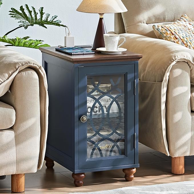 Narrow Side Table with Charging Station, Night Stand with Glass Door, Bedside End Tables with Adjustable Shelf Storage Cabinet,Wood Nightstand for Small Spaces Living Room Bedroom