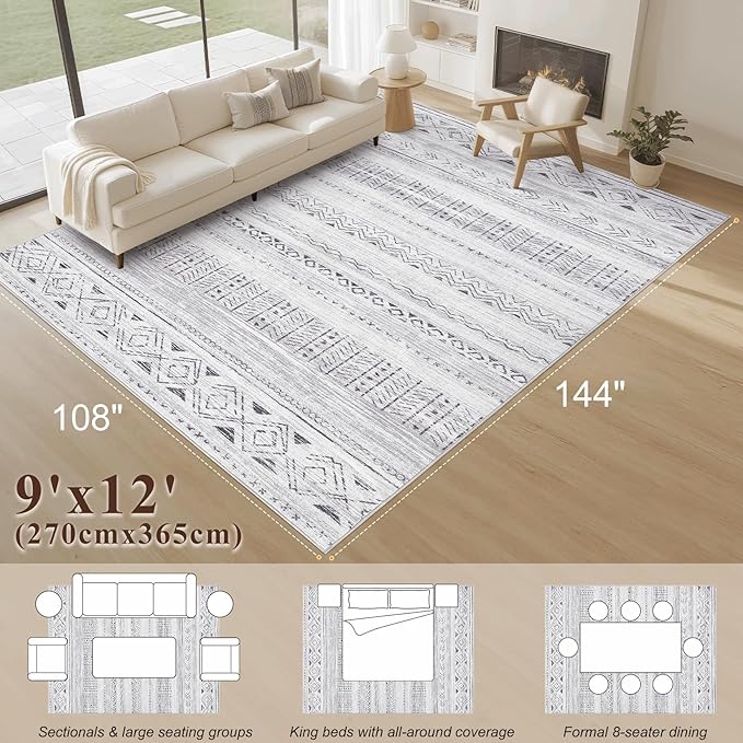 Area Rugs for Living Room Washable Living Room Rug Soft Neutral Indoor Floor Carpet Non-Slip Stain Resistant Modern Boho Rugs for Bedroom Dining Room Kids Room Nursery Office Home Grey