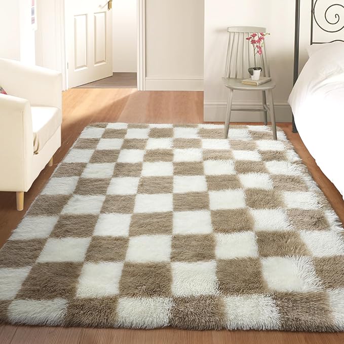 KICMOR 3x5 Rugs for Bedroom Bedside, Soft Fluffy Checkered Shag Area Rug Small Living Room Carpet, Beige and Cream White Fuzzy Shaggy Throw Rug for Kids Boys Girls Dorm Nursery Home Decor Aesthetic