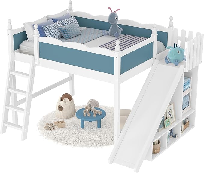 SOFTSEA Full Size Loft Bed with Slide & Storage, Wood Loft Bed with Open Shelves and Cabinet, High Lofted Bed with Convertible Slide and Ladder for Kids Teens Adults, Blue + White