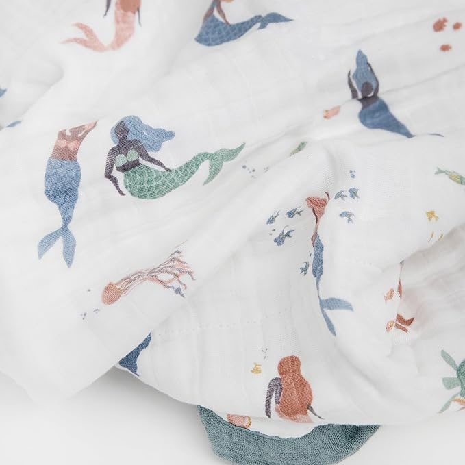 Little Unicorn Newborn Receiving Quilt | Ultra- Soft, Multi-Layered Muslin Fabric | Gift for Newborns & on-The-go (Mermaids)