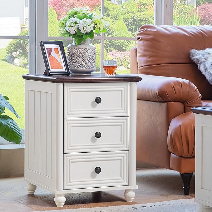 18" Farmhouse Night Stand Set of 2, White Wood Nightstand with 3 Drawers, Bedside End Table with Storage and Roman Column, Bed Side Tables Cabinet for Bedroom, Living Room, and Closet