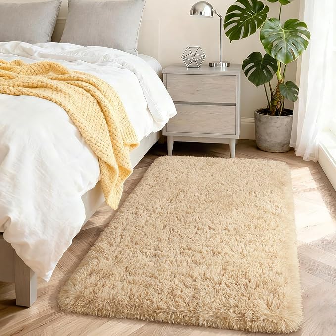 Merelax Soft Modern Indoor Shaggy Rug for Bedroom Livingroom Dorm Kids Room Home Decorative, Non-Slip Plush Fluffy Furry Fur Area Rugs Comfy Nursery Accent Floor Carpet 3x5 Feet, Light Tan