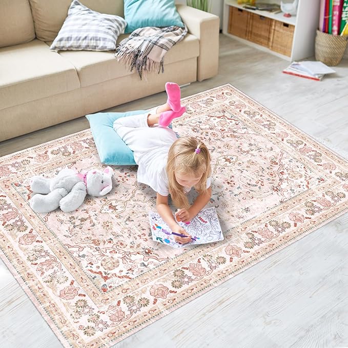 Vhong Pink Area Rugs Washable Boho Vintage Modern Neutral Small Carpet 3×5 High Traffic Rugs for Dinning Room Living Room Bedroom Girls' Room Nursery Room Non Slip