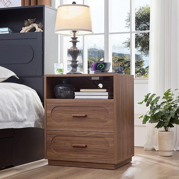 Walnut Nightstand Set of 2 with Charging Station, End Table with 2 Drawers Storage, Space-Saving Wood Storage Cabinet with Unique Base Design, Bedside Table for Bedroom, Living Room