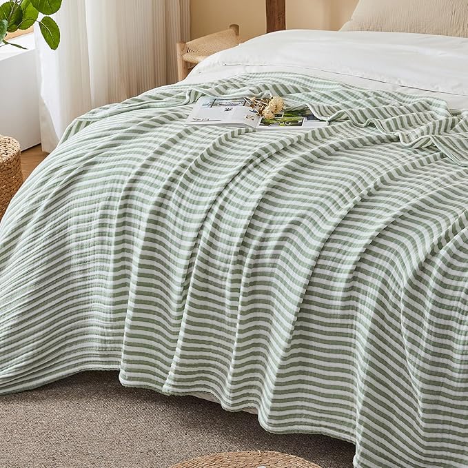 EMME Cotton Muslin Queen Blanket Bed Layering Bedspread Coverlet Breathable Gauze Soft Lightweight Adults (Striped Sage Green, 90"x90")