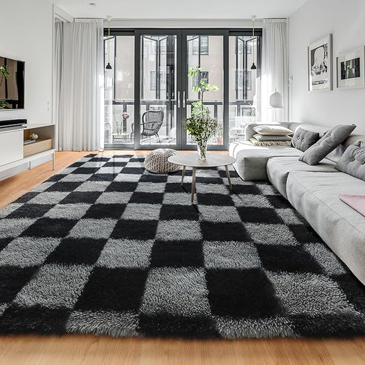 KICMOR Rugs for Living Room 7x9 Area Rug, Black and Grey Large Fluffy Shag Shaggy Fuzzy Checkered Bedroom Carpet, Indoor Soft Plush Big Rug for Kids Boys Girls Dorm Nursery Home Decor Aesthetic